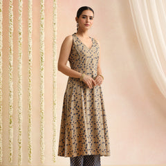 Beige & Navy Blue Printed Kurta with Palazzos & Dupatta Set