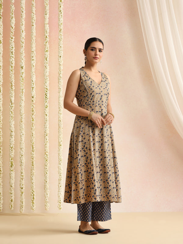 Beige & Navy Blue Printed Kurta with Palazzos & Dupatta Set