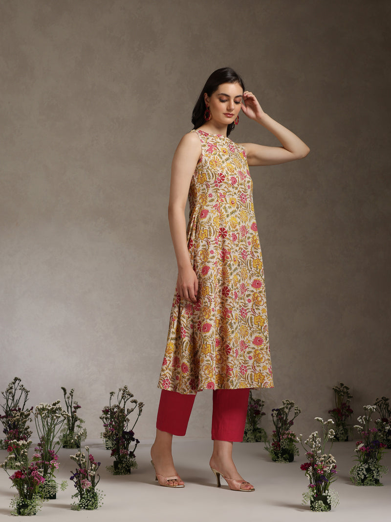 Khushal K Women Floral Printed A-Line Pure Cotton Kurta set