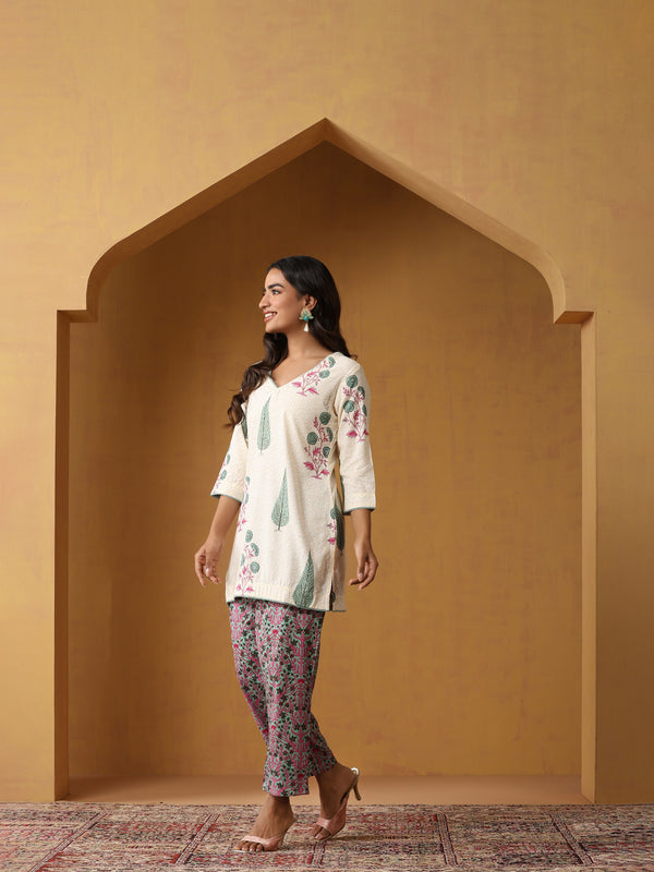 Khushal K Floral Printed V-Neck Pure Cotton Straight Kurta set