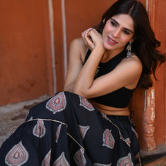 Khushal K Women's Black Printed Cotton Flared Maxi Skirt