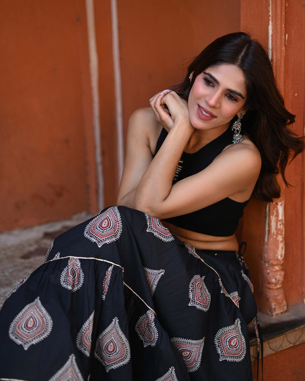 Khushal K Women's Black Printed Cotton Flared Maxi Skirt