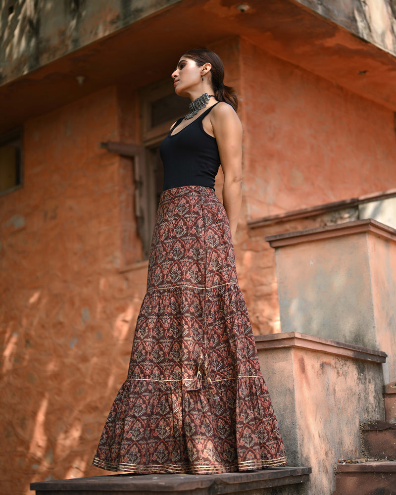 Khushal K Women's Brown Printed Cotton Flared Maxi Skirt
