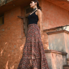 Khushal K Women's Brown Printed Cotton Flared Maxi Skirt