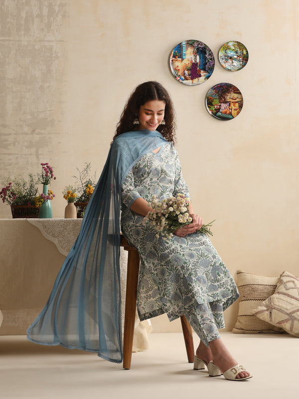 Khushal K Women Floral Printed Regular Pure Cotton Off-White Kurta & Palazzo With Dupatta