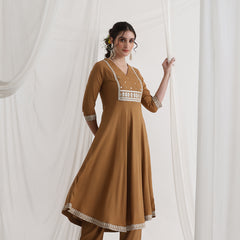 Khushal K Ethnic Motifs Brown  Anarkali Sequinned Kurta set