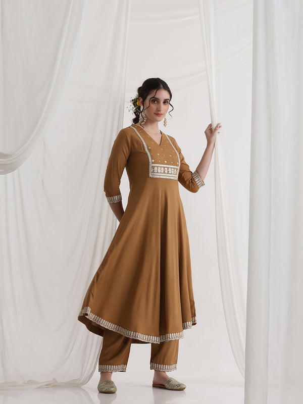 Khushal K Ethnic Motifs Brown  Anarkali Sequinned Kurta set