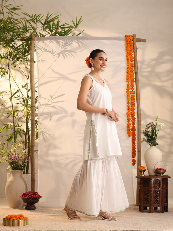 Khushal K Women Cotton Kurta and Sharara With Dupatta Set - White