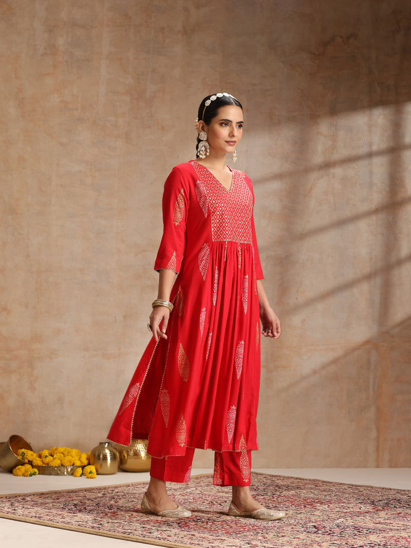Red & Gold Printed Kurta with Trousers & Dupatta