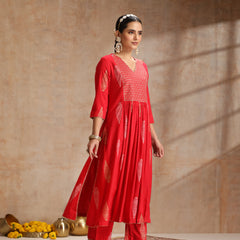 Red & Gold Printed Kurta with Trousers & Dupatta