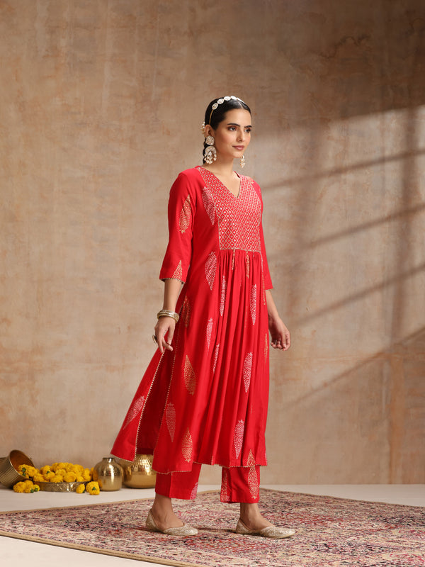 Red & Gold Printed Kurta with Trousers & Dupatta