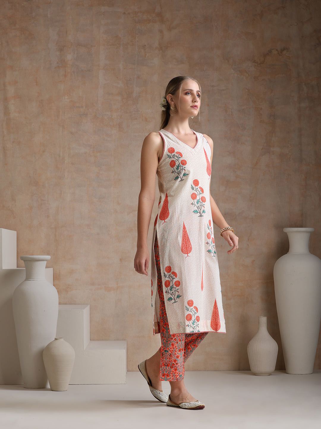 Floral Printed Pure Cotton Straight Kurta with Palazzos & With Dupatta