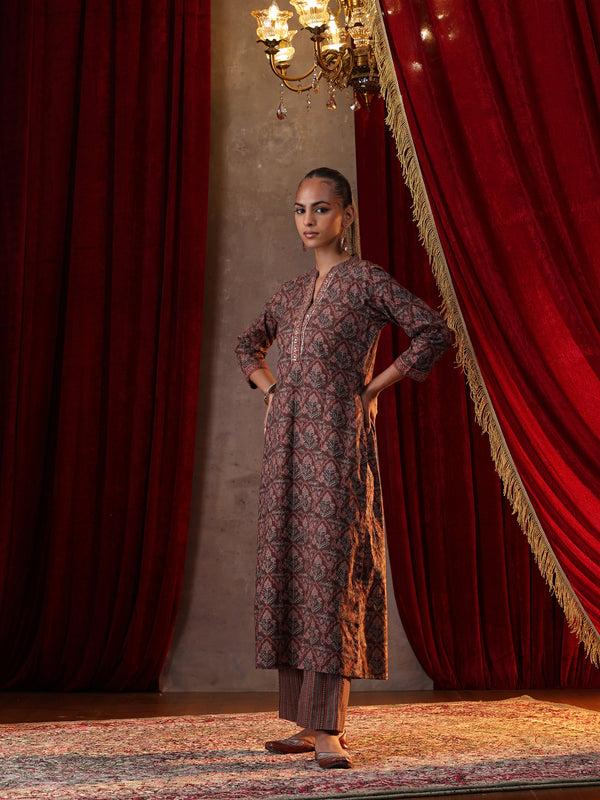 Khushal K Women Cotton kurta and palazzo with dupatta set - Brown