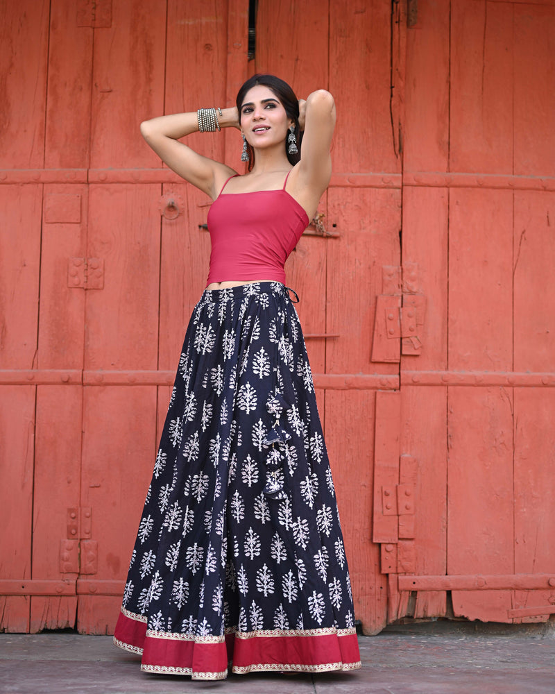 Khushal K Women's Black Printed Cotton Flared Maxi Skirt