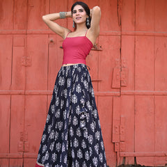 Khushal K Women's Black Printed Cotton Flared Maxi Skirt