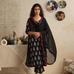 Khushal K Women Black Floral Printed Regular Pure Cotton Kurta & Palazzo With Dupatta