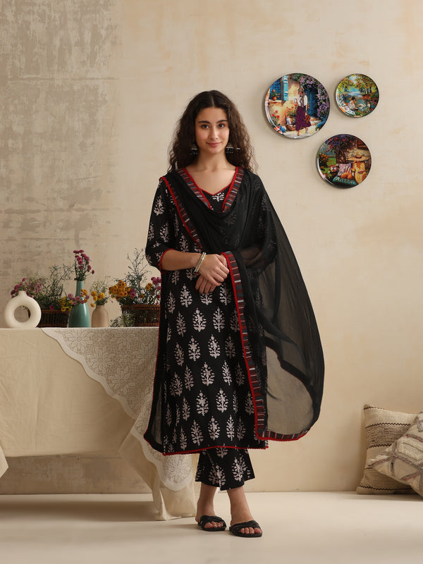 Khushal K Women Black Floral Printed Regular Pure Cotton Kurta & Palazzo With Dupatta