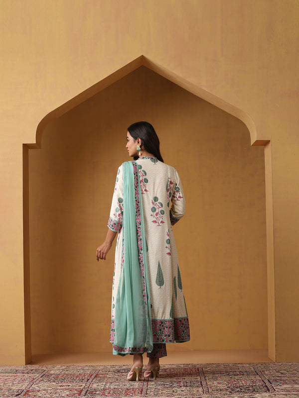 Khushal K Floral Printed Mandarin Collar Pure Cotton A-Line Kurta set