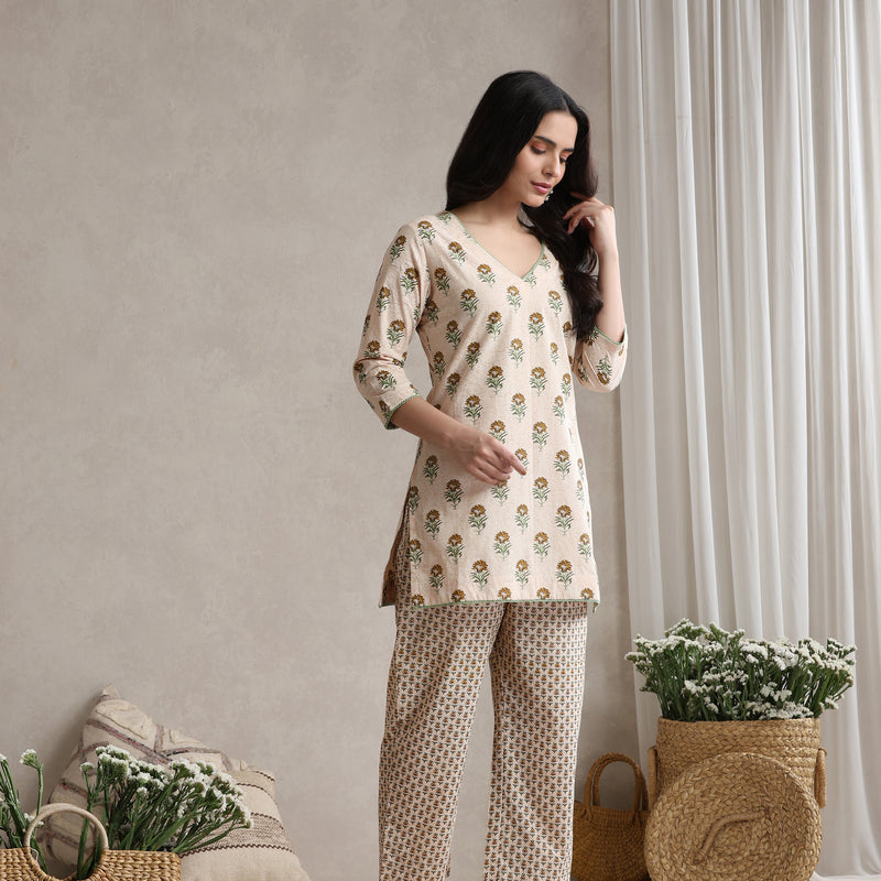 Floral Printed V-Neck Pure Cotton Kurta with Palazzos & with Dupatta - Cream - Khushal K - Image 5