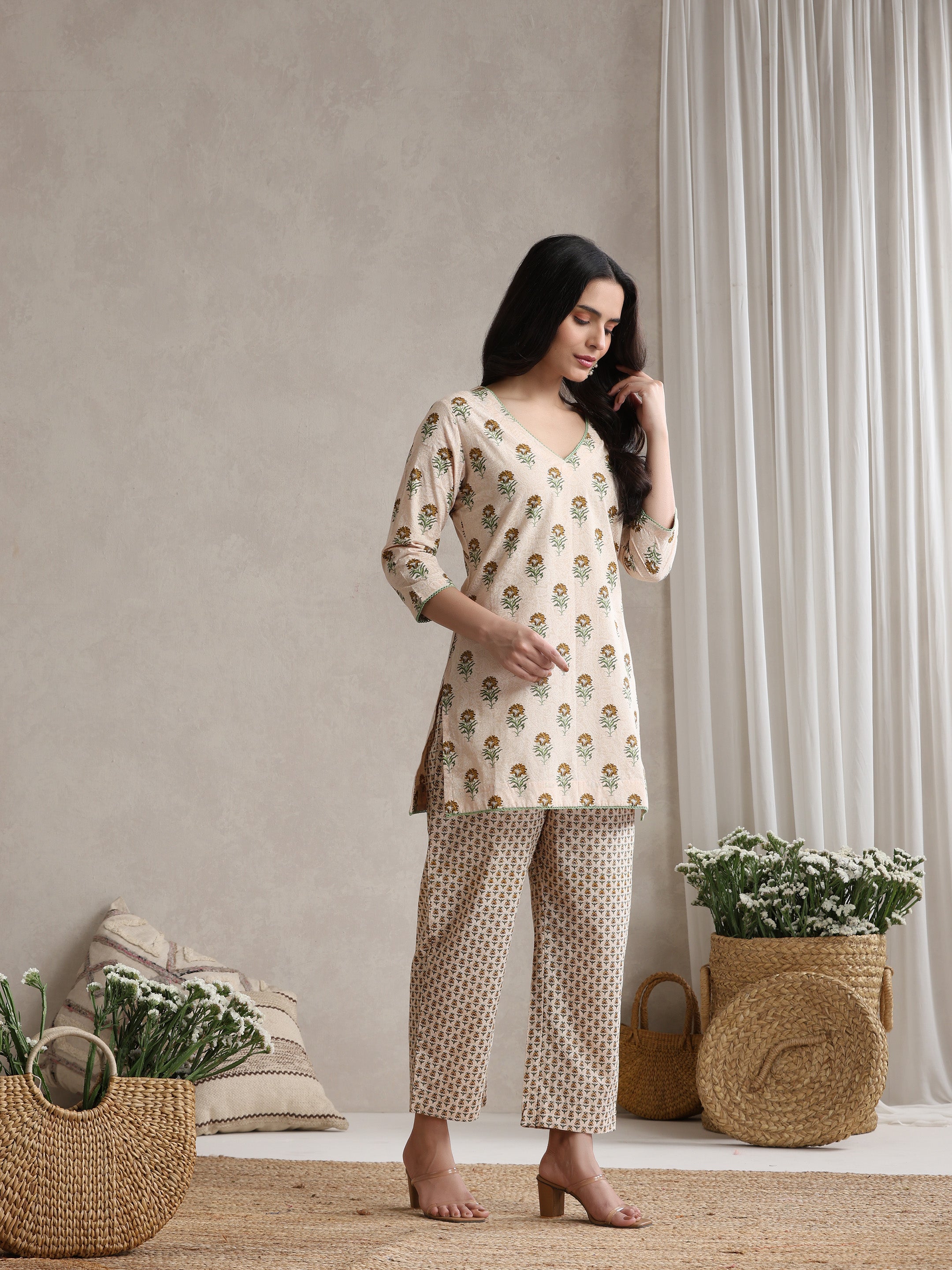Floral Printed V-Neck Pure Cotton Kurta with Palazzos & With Dupatta