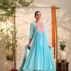 Khushal K Women Cotton Kurta and Palazzo With Dupatta Set - Turquoise Blue