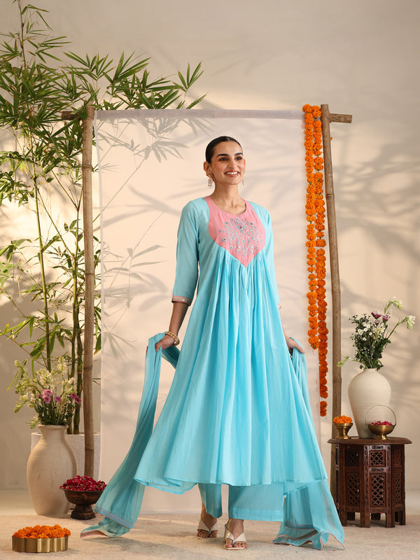 Khushal K Women Cotton Kurta and Palazzo With Dupatta Set - Turquoise Blue