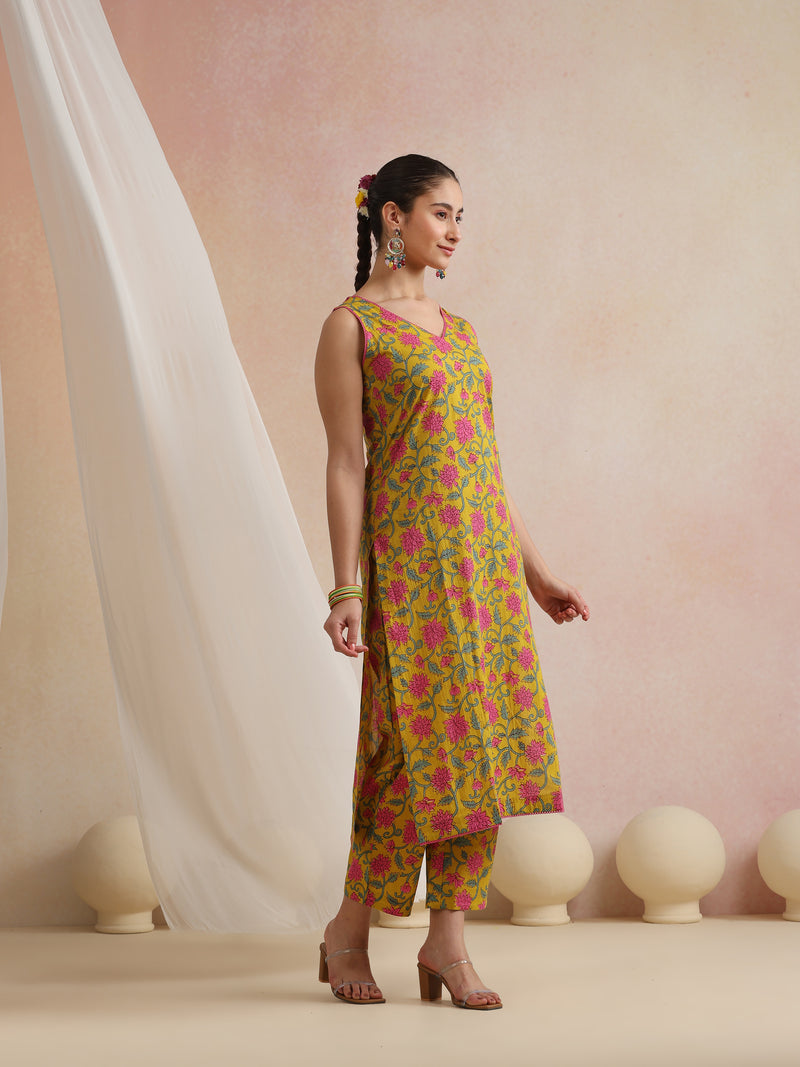 Khushal K Women Cotton Kurta Palazzo Dupatta Set - Yellow