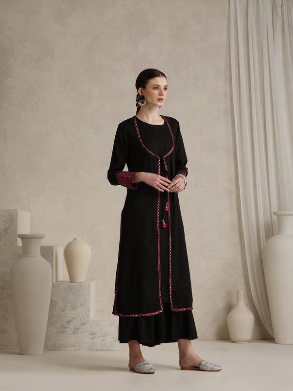 Geometric Embellished Mirror Work A-Line Kurta With Sharara & Dupatta