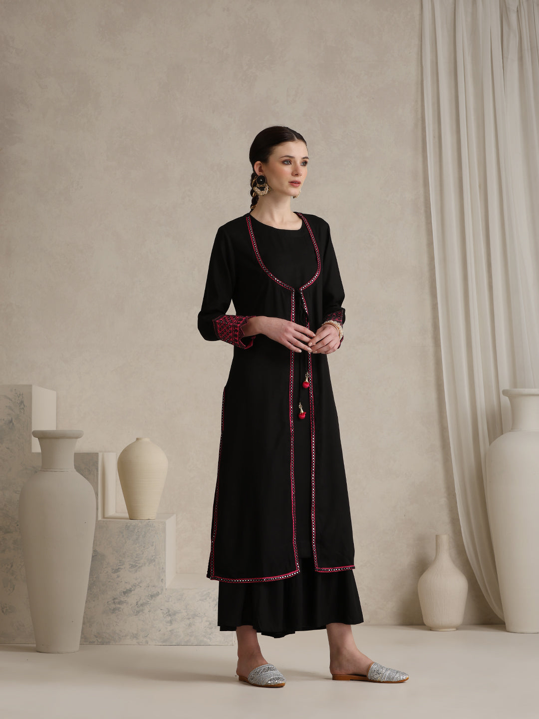 Geometric Embellished Mirror Work A-Line Kurta With Sharara & Dupatta