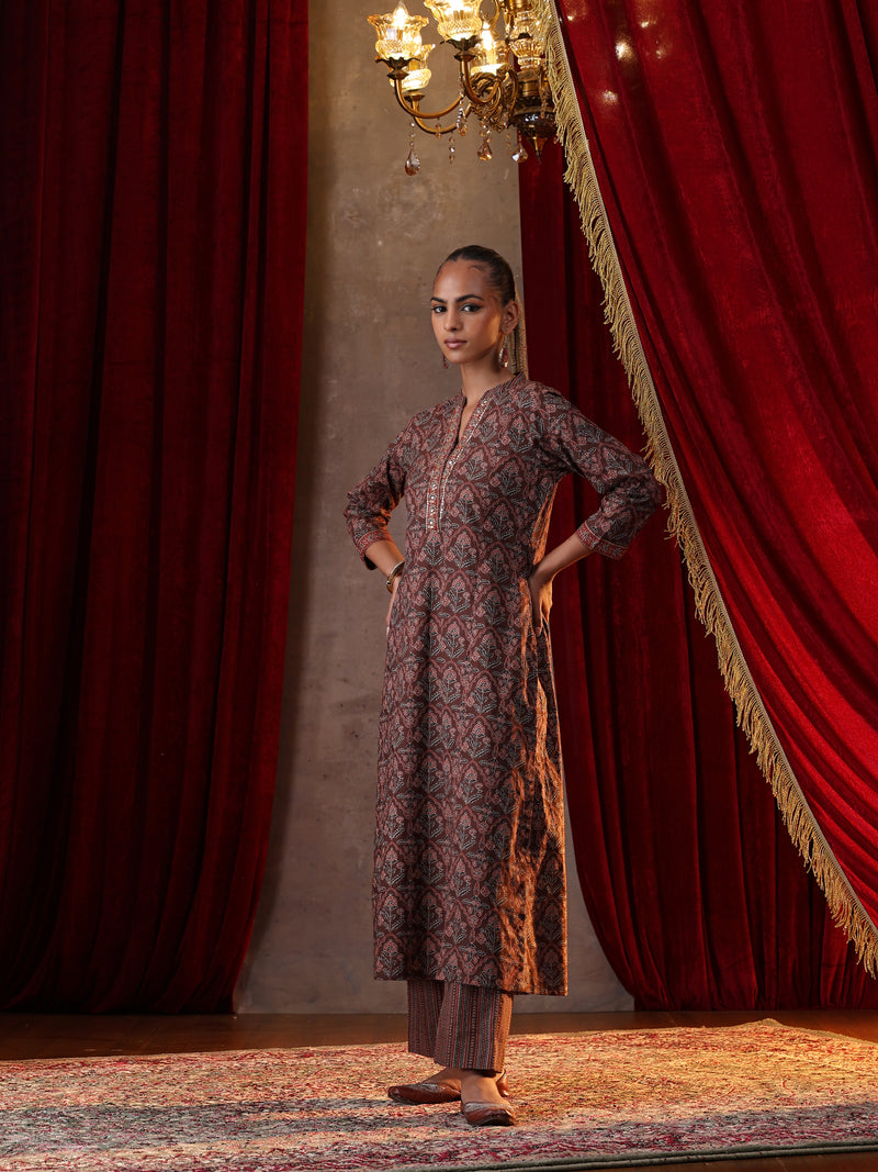 Khushal K Women Cotton kurta and palazzo with dupatta set - Brown