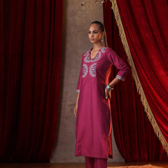 Khushal K Women Pure Silk magenta Embroidered Kurta & Palazzo With Dupatta
