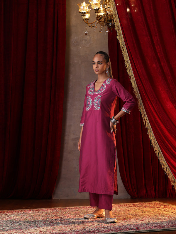 Khushal K Women Pure Silk magenta Embroidered Kurta & Palazzo With Dupatta