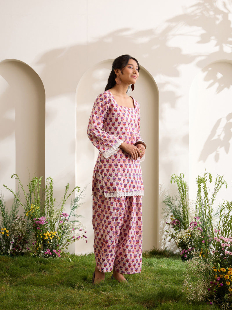 Khushal K Women Cotton Kurti With Farshi Salwar Set - Peach