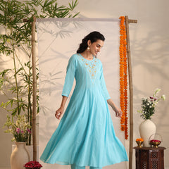 Khushal K Women Cotton Kurta and Palazzo With Dupatta Set - Turquoise Blue