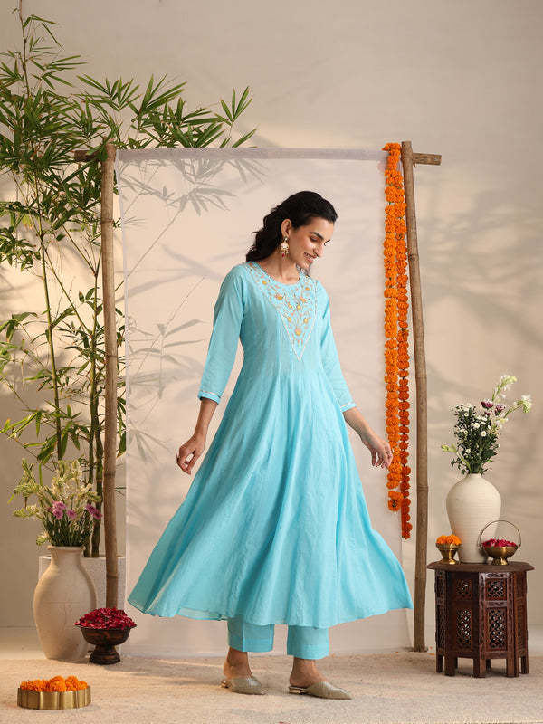 Khushal K Women Cotton Kurta and Palazzo With Dupatta Set - Turquoise Blue