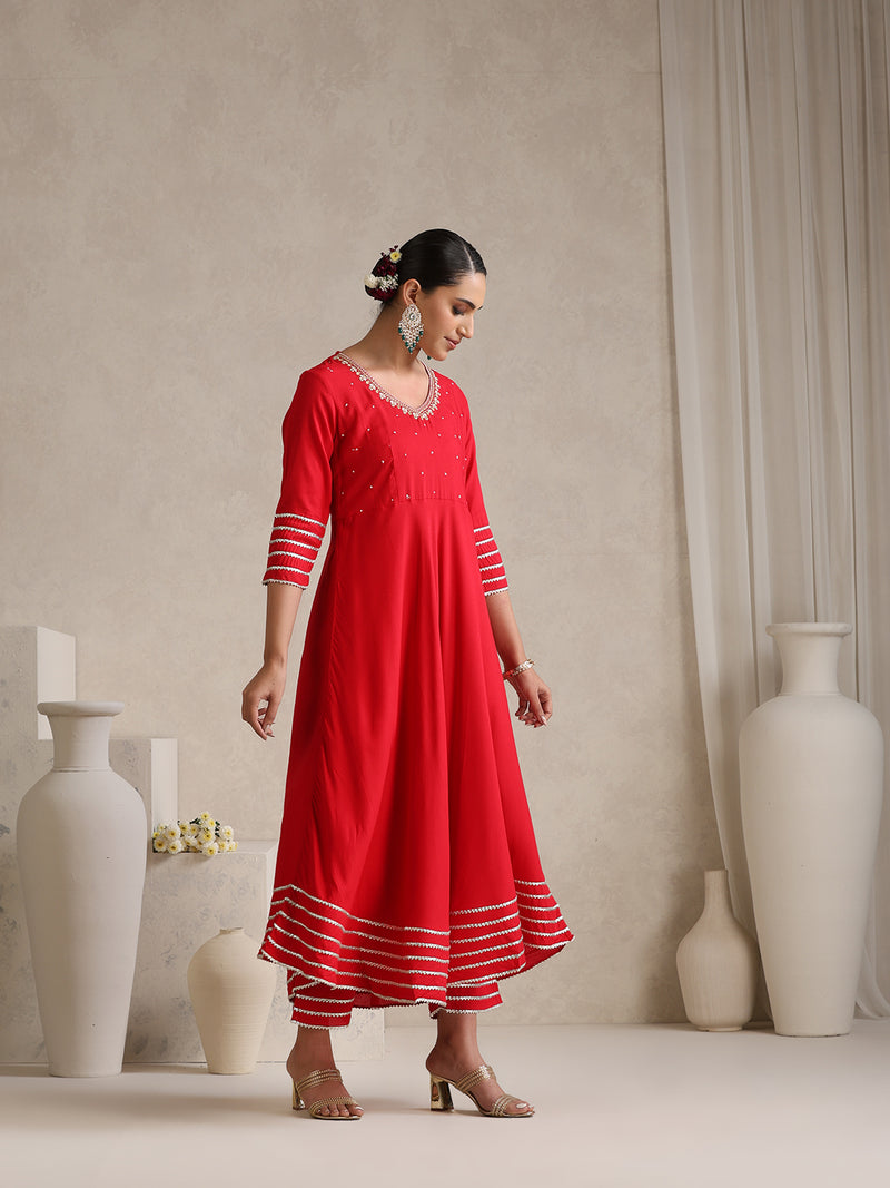 Khushal K  Red v-Neck Anarkali Rayon Kurta kurta set