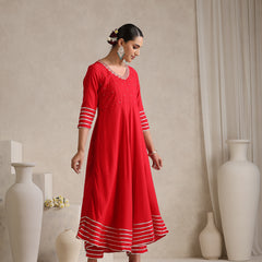Khushal K  Red v-Neck Anarkali Rayon Kurta kurta set