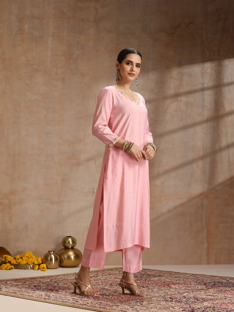 Khushal K Women Pure Silk pink Embroidered Kurta & Palazzo With Dupatta