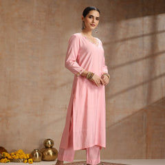 Khushal K Women Pure Silk pink Embroidered Kurta & Palazzo With Dupatta
