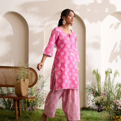 Khushal K Women Cotton Kurti And Farshi Salwar  With Dupatta Set - Pink