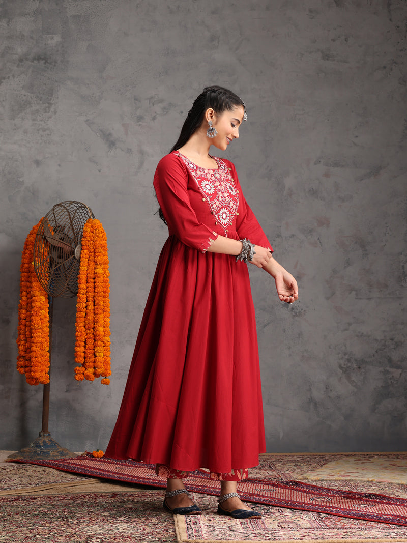 Khushal K Women Cotton Kurta Palazzo Dupatta Set - Maroon