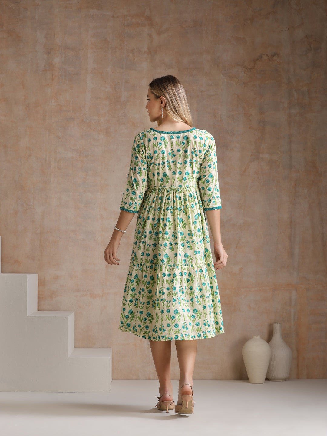 Women Floral Print Tiered Fit & Flare Midi Dress