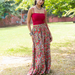 Khushal K Women's Grey Printed Cotton Flared Maxi Skirt