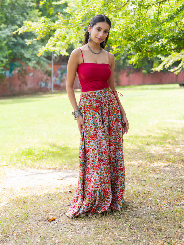 Khushal K Women's Grey Printed Cotton Flared Maxi Skirt