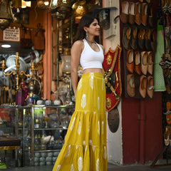 Khushal K Women's Yellow Printed Cotton Flared Maxi Skirt
