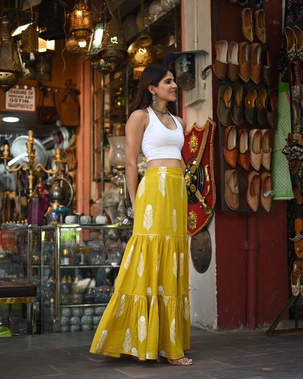 Khushal K Women's Yellow Printed Cotton Flared Maxi Skirt