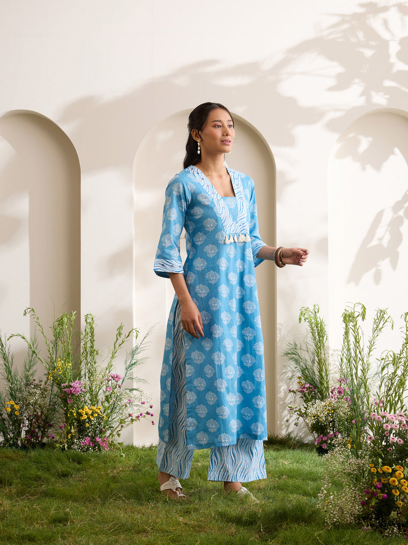 Khushal K Women Cotton Kurta And Palazzo With Dupatta Set - Blue