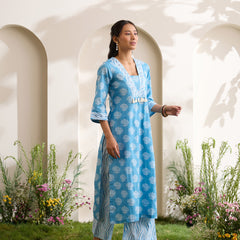 Khushal K Women Cotton Kurta And Palazzo With Dupatta Set - Blue