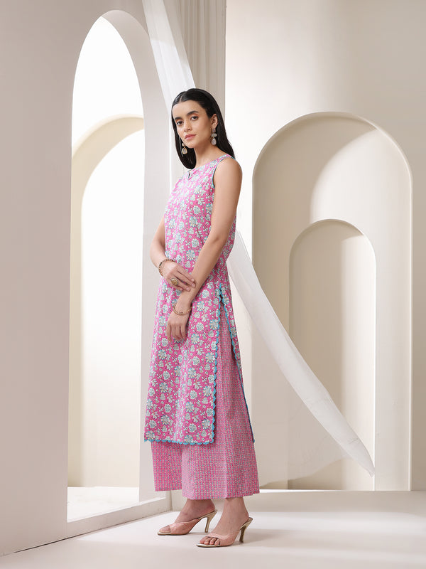 Khushal K Floral Printed Notch Neck Cotton Straight Kurta set