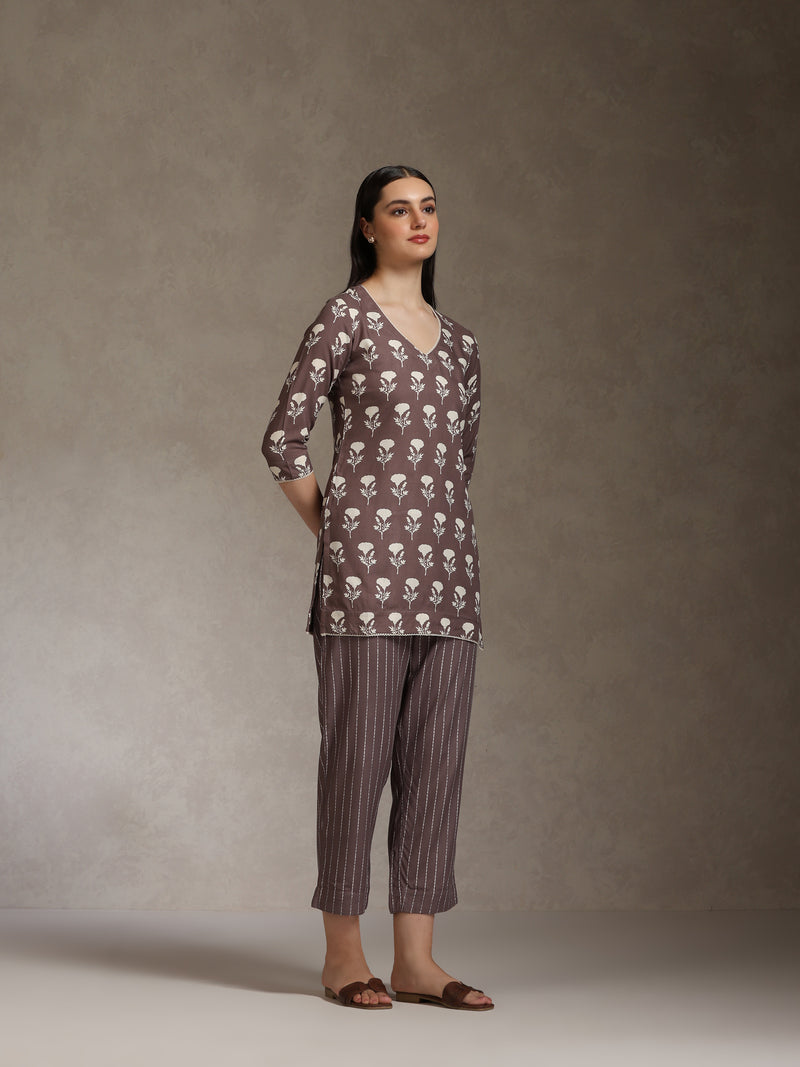 Floral Printed V-Neck Cotton Cord Set